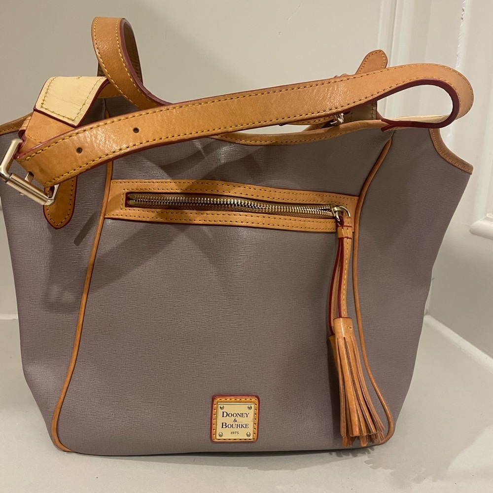Dooney and Bourke gray & tan leather double strap zipper tassel shoulder bag